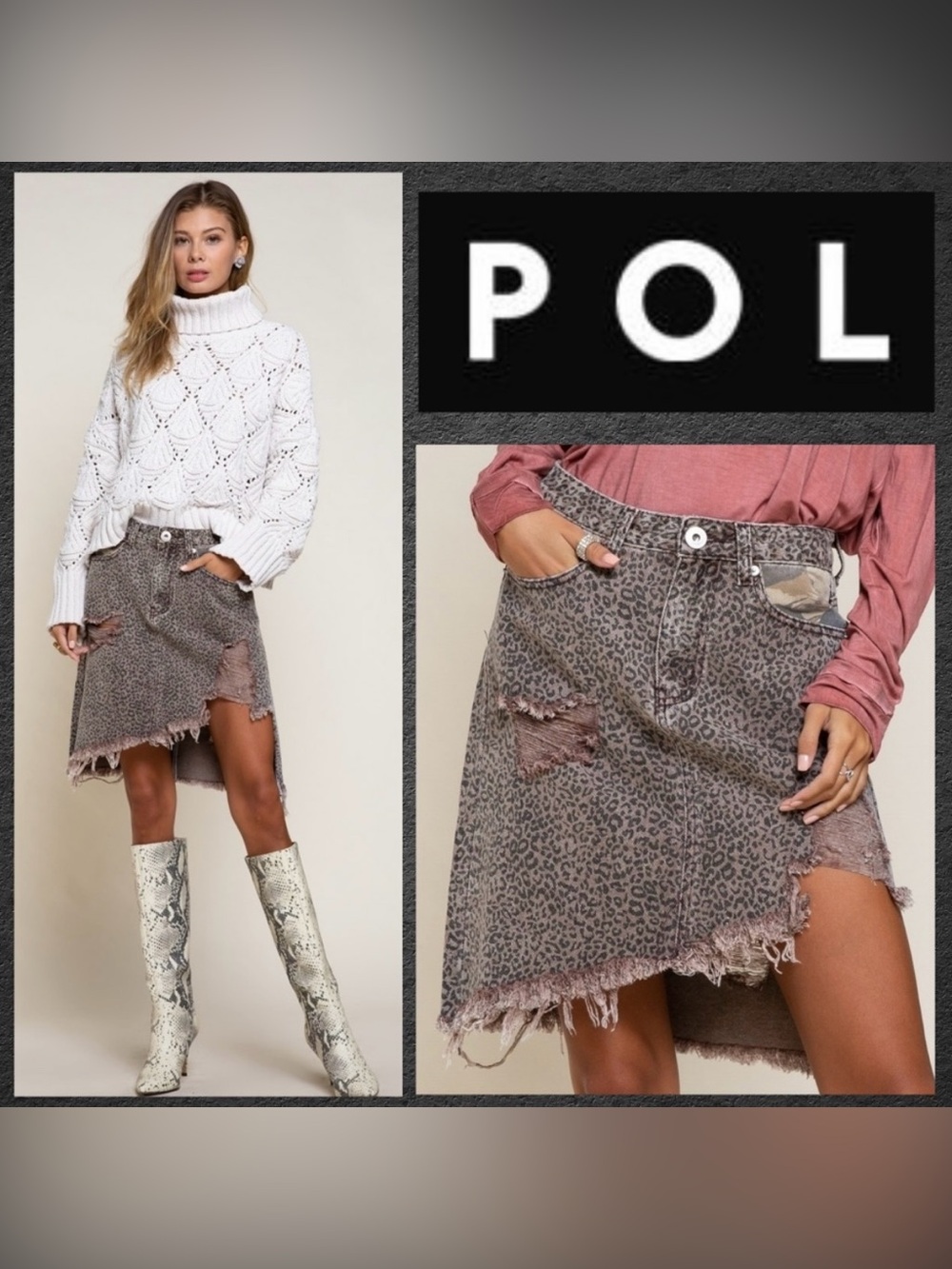 POL Camo Leopard-Print Distressed Denim Skirt in Taupe Size Small